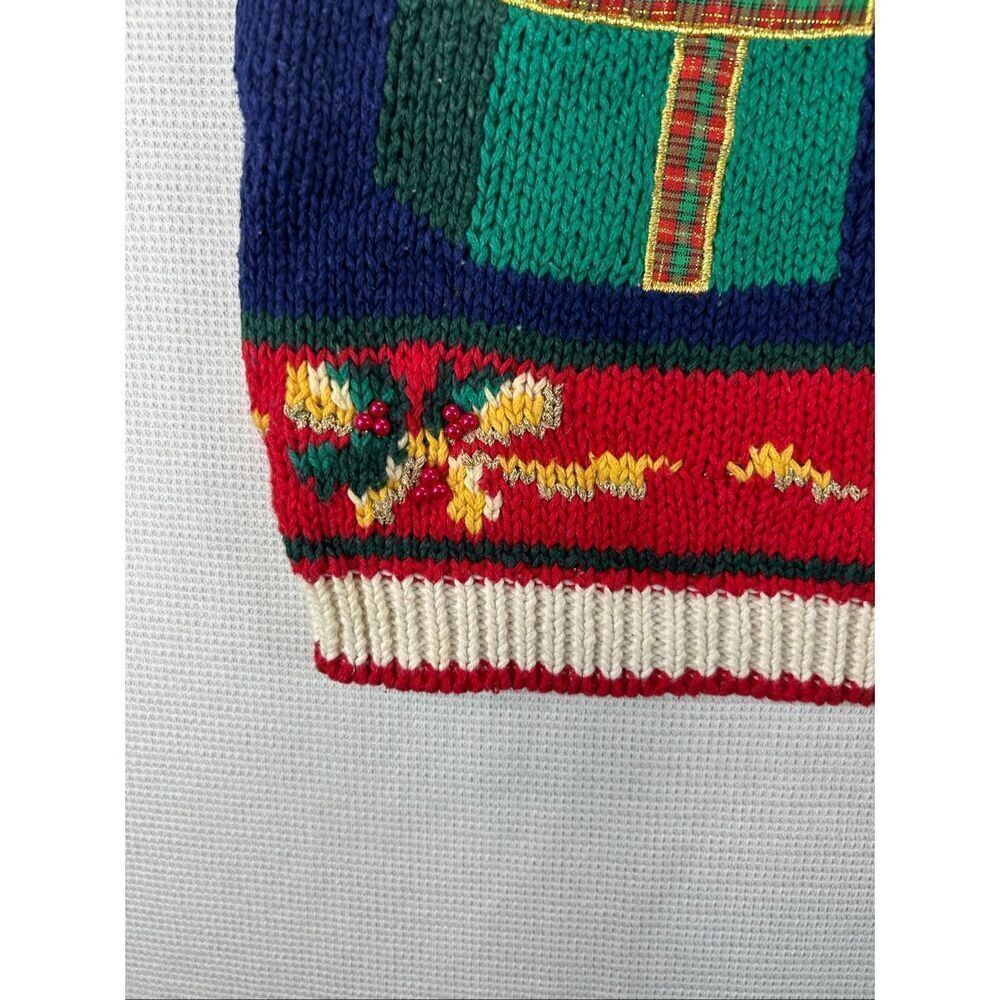 Vtg Casual Corner Christmas Sweater M Hand Knit Bear Tree Beaded Cottage Holiday - Picture 6 of 16